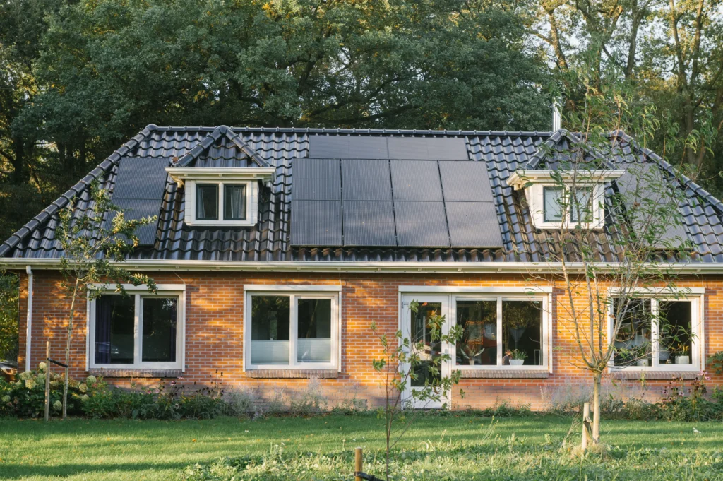 Brick family home with rooftop solar panels